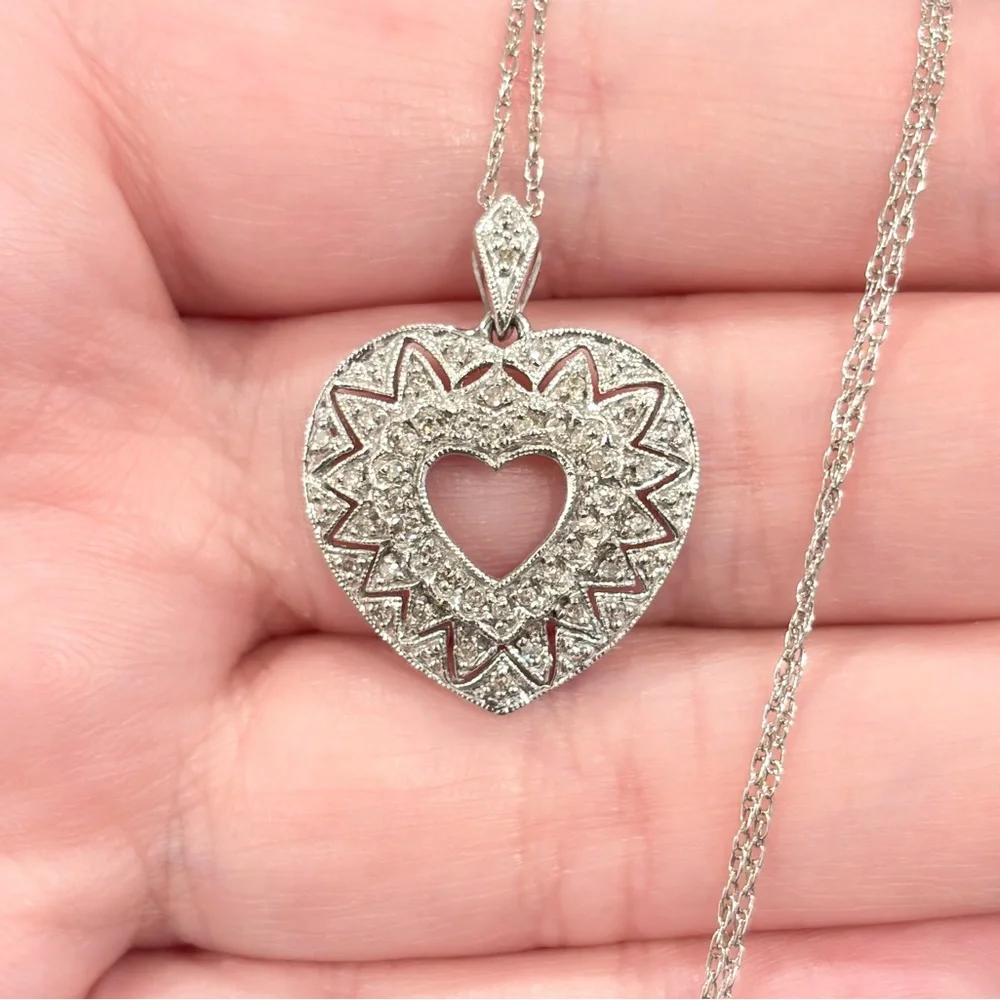 10K Diamond Heart Necklace, Dainty Filigree, Lavalier Style, White Gold, ADL - Picture 3 of 12